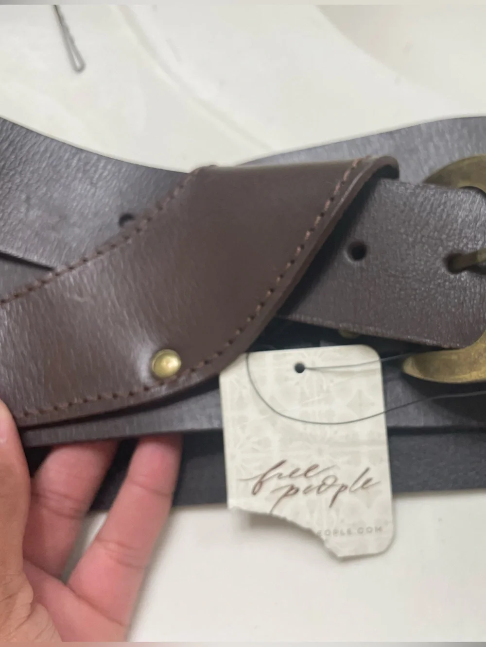 NWT Free People Wide Brown Leather Waist Belt with Brass Buckle S\M boho